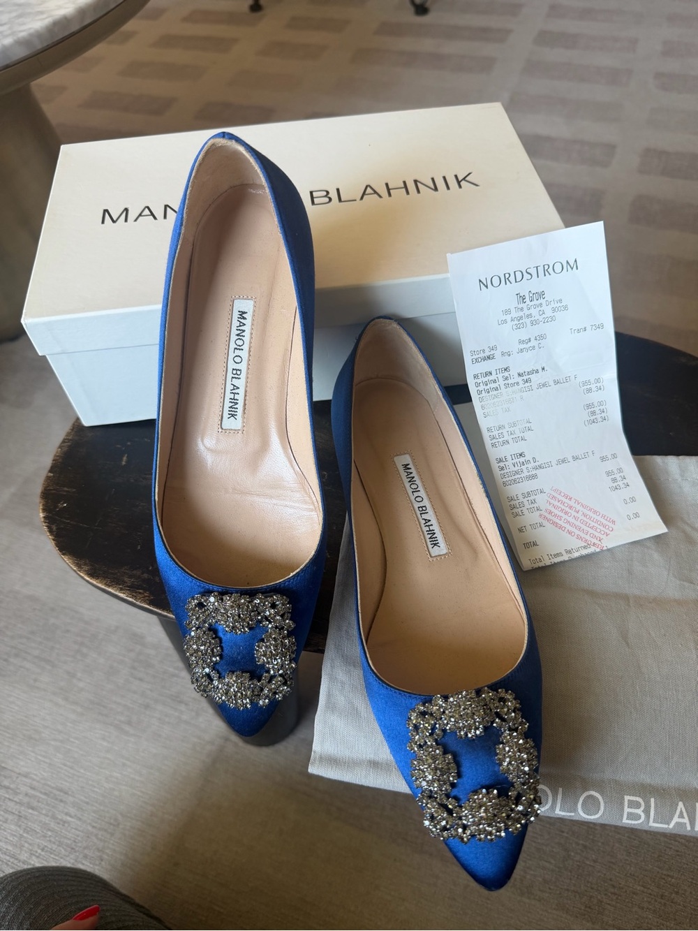 Manolo Blahnik Blue Satin Pointed Toe Pumps ballet flats with Crystal Buckle